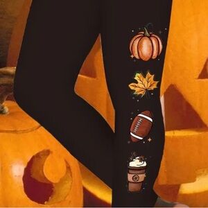 🏈 Halloween Print High Waist Workout Leggings, Casual Skinny